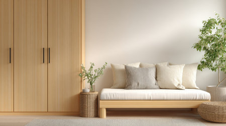 This image showcases a serene minimalist interior with light wood furniture. A cozy seating area is adorned with soft cushions and decorative plants, embodying tranquility.の素材