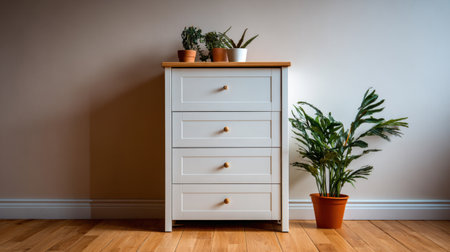 A stylish white chest of drawers sits in a bright space, topped with various potted plants, creating a serene and inviting atmosphere perfect for any home decor.の素材