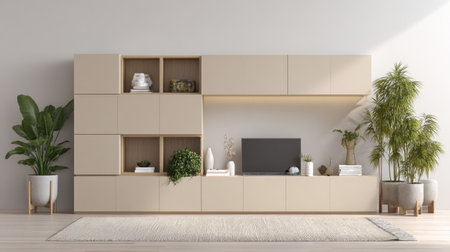 Discover a sleek and modern living room featuring a minimalist shelving unit, a flat screen TV, and vibrant indoor plants, creating a warm, inviting space.の素材