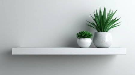 A sleek, modern shelf showcases lush green plants in tasteful pots, creating a harmonious atmosphere for any room. Ideal for enhancing interior spaces.の素材