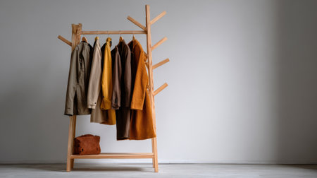 A visually appealing arrangement of casual outerwear hanging on a wooden rack, showcasing a blend of colors and styles in a minimalist interior, perfect for fashion inspiration.の素材