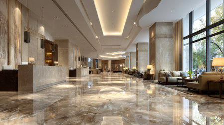 A spacious and elegant hotel lobby featuring stunning marble floors, contemporary furniture, and stylish lighting, offering a luxurious atmosphere for guests and visitors.の素材