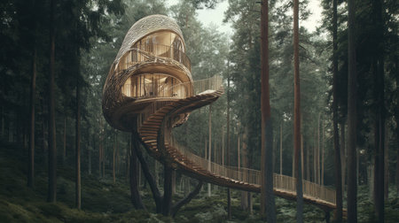 This captivating image features a modern treehouse surrounded by serene forest, highlighting innovative architecture that harmonizes with the lush natural environment.の素材