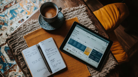 A cozy workspace setup featuring a coffee cup, tablet, and notebook surrounded by a vibrant rug, perfect for enhancing creativity and productivity in a relaxed environment.の素材
