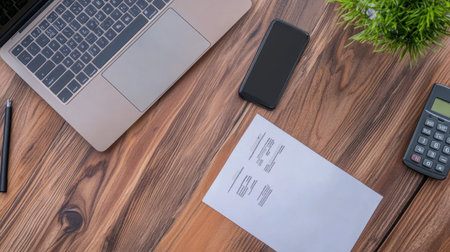 A modern workspace featuring a laptop, smartphone, calculator, and a document on a wooden desk, perfect for business, finance, and productivity themes.の素材