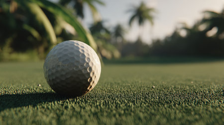 A close-up view of a golf ball resting on lush green grass under bright sunlight, surrounded by tropical palm trees, perfect for evoking relaxation and enjoyment.の素材
