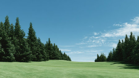 A beautiful view of an expansive green meadow, bordered by tall evergreen trees, under a bright blue sky. The image captures the essence of tranquility in nature.の素材