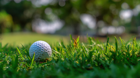 A close-up view of a golf ball resting on vibrant green grass, showcasing the beauty of outdoor sports in bright daylight. Perfect for leisure and recreation themes.の素材