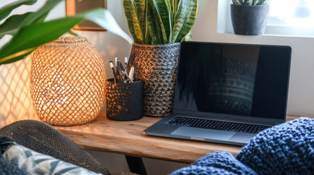 A modern workspace featuring a laptop surrounded by lush plants and cozy textiles, creating a warm and inviting atmosphere ideal for creativity and productivity.の素材