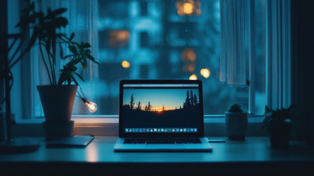 A cozy and inviting workspace captured at dusk, featuring a laptop on a desk with indoor plants and a beautiful cityscape view through the window.の素材