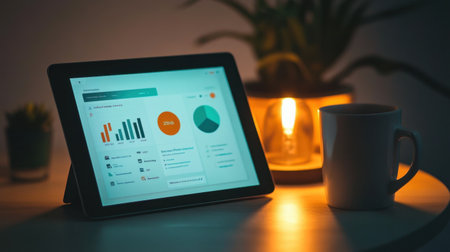 A cozy workspace featuring a tablet with data analytics, a warm light source, a coffee cup, and an indoor plant, creating an inviting and productive atmosphere.の素材