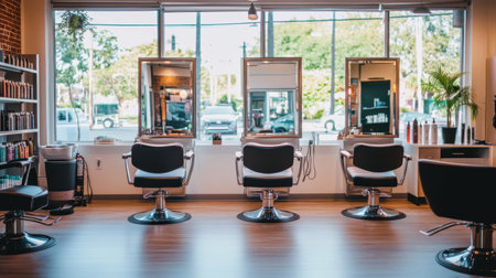 This image showcases a modern hair salon interior with elegant black and white chairs, bright windows, and a vibrant atmosphere that invites clients for relaxing beauty treatments.の素材