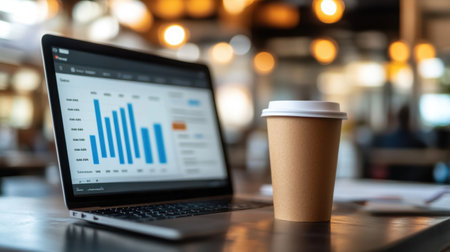 A modern workspace featuring a laptop displaying colorful growth charts alongside a coffee cup, creating a productive atmosphere for work and creativity.の素材