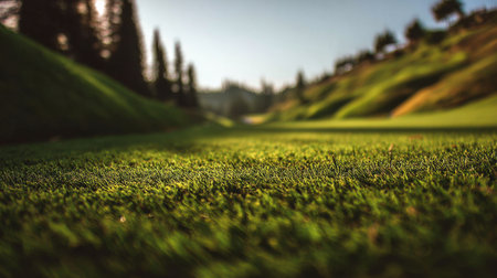 Captivating close-up of vibrant grass on a golf course, showcasing the beauty of nature under soft sunlight, ideal for projects focusing on outdoor activities and landscapes.の素材