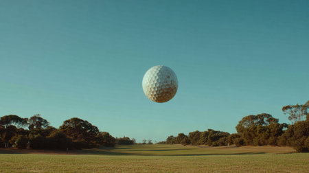 A serene image of a golf ball floating over a vast green field under a clear blue sky. This scene captures the essence of outdoor sports and leisure activities.の素材