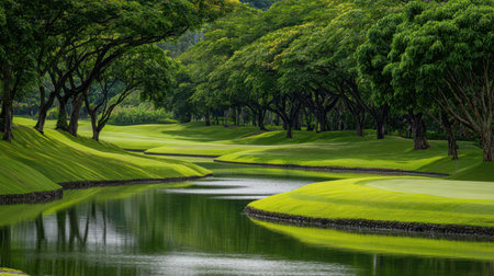 Discover a peaceful golf course landscape featuring lush green grass, tall trees, and calm water reflections, creating a serene outdoor environment for relaxation and recreation.の素材