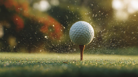 An artistic close-up of a golf ball poised on a tee, surrounded by a dramatic water splash against a beautiful sunset backdrop, showcasing the sport's elegance and excitement.の素材