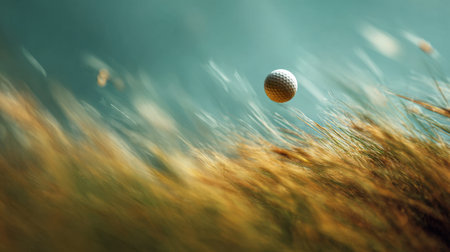 A striking image of a golf ball in mid-air above swaying golden grass. The backdrop features a soft blue sky, capturing the essence of outdoor sports and adventure.の素材