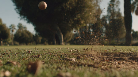 A golf ball strikes the ground, sending up a spray of dust on a sunny day amidst a beautiful golf course, depicting the essence of sport and outdoor recreation.の素材
