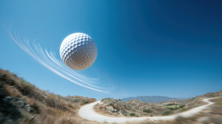 A stunning image of a golf ball soaring through the blue sky above rolling hills, enhanced by a whirlwind effect, symbolizing motion and adventure in golf.の素材