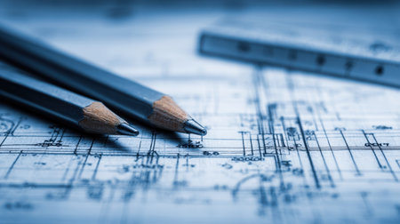 A detailed close-up view of two sharpened pencils resting on a crisp architectural blueprint, showcasing precise measurements and design elements for engineering projects.の素材