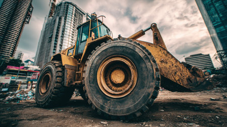 A heavy loader is positioned at an urban construction site, showcasing its large tires and powerful build against a backdrop of modern skyscrapers and cloudy sky.の素材