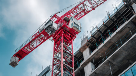 A striking red construction crane towers above a new residential building under development, showcasing the intersection of modern architecture and urban progress.の素材