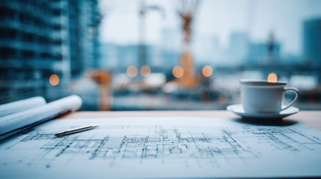 A cozy workspace featuring a coffee cup beside blueprints on a table, with a vibrant construction site visible in the background, showcasing urban development.の素材