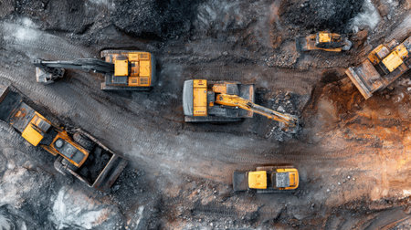 A stunning aerial view captures various heavy machinery, including excavators and dump trucks, working diligently on a dirt construction site amidst rugged terrain.の素材