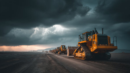 A fleet of heavy machinery operates under a stormy sky at sunset, showcasing the power and efficiency of construction equipment lined up on a rugged terrain.の素材