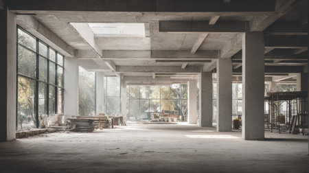 This image showcases a spacious empty warehouse interior featuring large windows and a sturdy concrete structure, perfect for construction and design projects.の素材