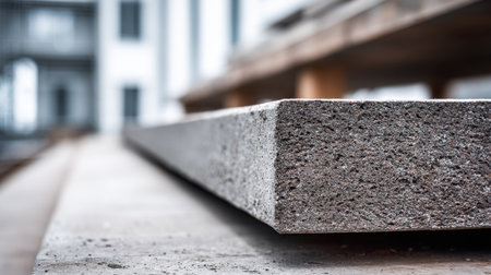 Detailed close-up photo of a concrete slab resting on a surface, showcasing texture and material quality in a construction setting with blurred architecture in the background.の素材