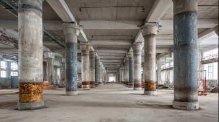 An expansive view inside an empty industrial warehouse showcasing exposed concrete pillars and open space, ideal for architectural design and urban photography themes.の素材