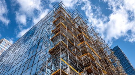 A modern building under construction showcases scaffolding with a backdrop of a vibrant blue sky and white clouds, emphasizing urban development and architectural progress.の素材