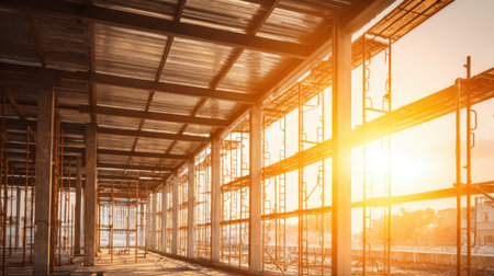 A captivating view of a modern construction site interior, showcasing steel framework and warm sunlight streaming through large windows at sunset.の素材