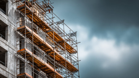 A striking image of scaffolding against a moody sky, representing the hard work and dedication in the construction industry amid changing weather conditions.の素材