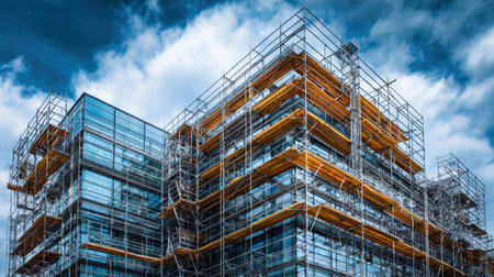 A close-up view of a modern construction site showcasing scaffolding around a glass building, emphasizing urban development, architectural design, and growth in cities.の素材