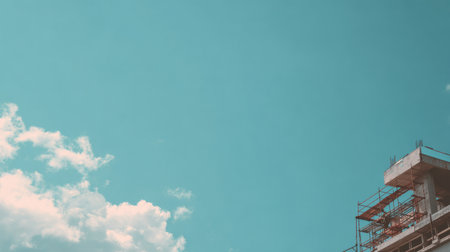 A modern construction site featuring scaffolding against a bright blue sky with white clouds, showcasing urban development and industry progress in a vibrant cityscape.の素材