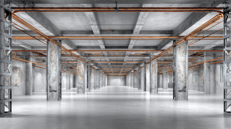 This image showcases a vast, empty industrial warehouse interior, featuring concrete columns and metal piping, ideal for showcasing architectural design concepts.の素材