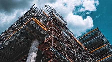 This image captures a construction site featuring intricate scaffolding against a vibrant blue sky, highlighting urban development and the engineering process in action.の素材