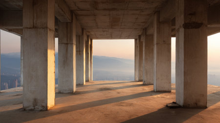 An atmospheric view of an abandoned concrete structure featuring tall pillars and stunning sunset light casting long shadows on the empty floor, overlooking a city and mountains.の素材