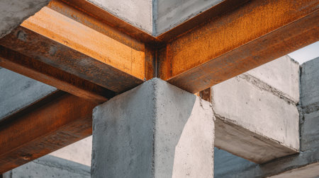 Detailed close-up of rusty steel beams intersecting with concrete blocks at a construction site, highlighting industrial materials and textures in architectural development.の素材