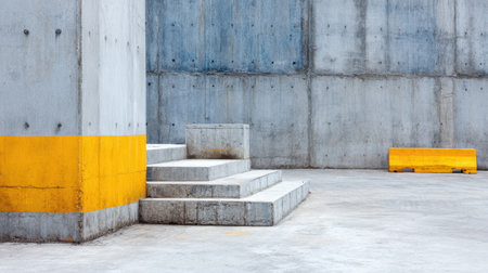 A captivating image showcasing raw concrete textures with yellow accents, featuring steps and walls in a minimalist urban environment, perfect for modern design projects.の素材