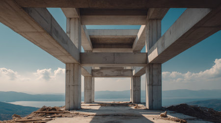 An abandoned building structure showcases concrete beams under a clear blue sky, creating a striking geometric composition against a scenic mountain backdrop.の素材