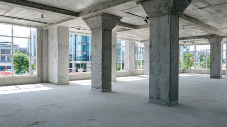 A bright and spacious empty interior featuring concrete columns and expansive windows. This modern commercial space is ideal for various renovation and design possibilities.の素材