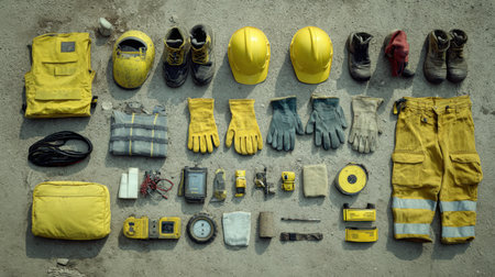A well-organized layout of essential construction safety gear and equipment, showcasing yellow helmets, vests, gloves, boots, and various tools essential for workplace safety.の素材