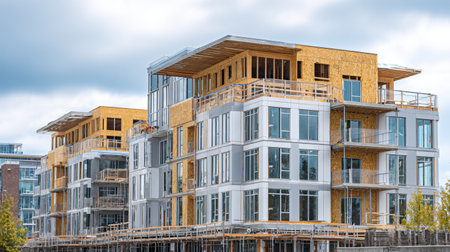 This image depicts modern apartment buildings under construction, highlighting the blend of wooden frames and glass windows in an urban landscape.の素材