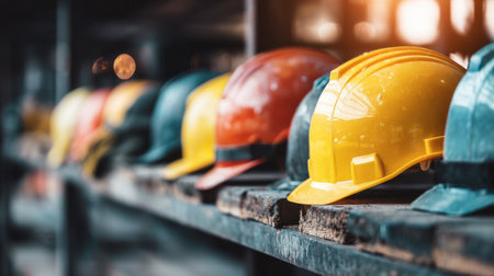 A vibrant array of safety helmets in various colors neatly lined up on a wooden shelf, showcasing essential gear for construction and industrial work environments.の素材