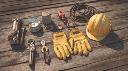 A visually appealing arrangement of essential construction tools displayed on a wooden surface, featuring gloves, a hard hat, rope, and various hand tools, perfect for projects.の素材