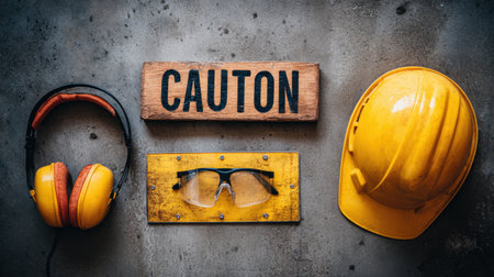Close-up view of safety equipment featuring a caution sign, headphones, safety glasses, and a hard hat on a concrete surface, highlighting workplace safety essentials.の素材